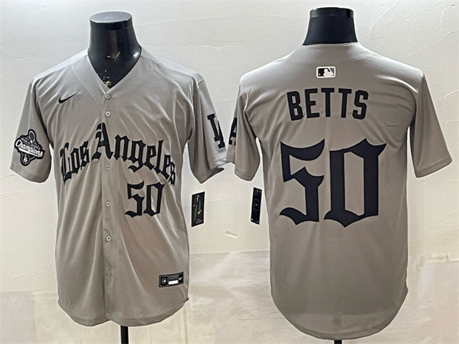 Men's Grey Los Angeles Dodgers #50 Mookie Betts LA Gothic Style With 2025 World Series Champions Patch Limited Stitched Baseball Jersey